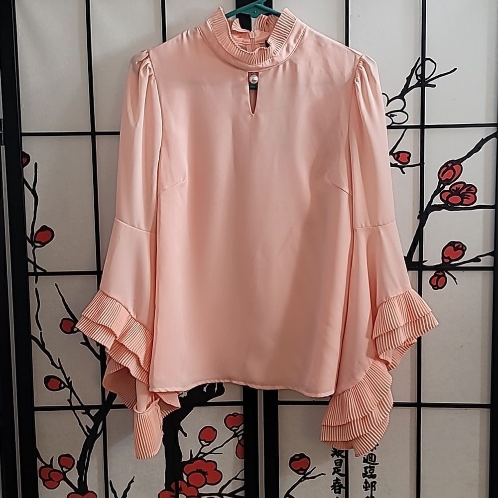 Gracia Nwt High Neck Jeweled Bell frill sleeve Top